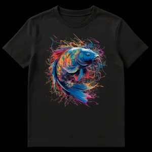Vibrant Splash Art Koi Fish T-Shirt design featuring a colorful, dynamic Koi fish surrounded by an explosion of rainbow-colored splashes against a black background. on Black t-shirt