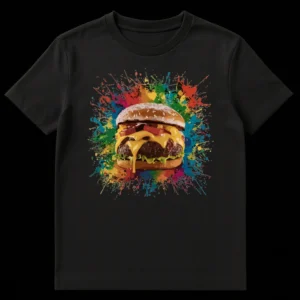 Vibrant cheeseburger with colorful paint splatters on a black t-shirt, appealing to food lovers. on Black t-shirt