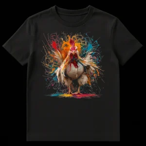Vibrant Splatter Art Chicken T-Shirt - Multi-color paint explosion design with a rooster or hen on a black background on Black t-shirt