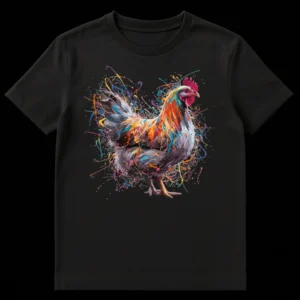 Abstract splatter paint chicken t-shirt design on a black background, featuring a multicolored chicken graphic with dynamic paint strokes and vibrant hues like blue, orange, red, and purple. on Black t-shirt
