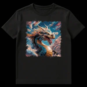 Fierce abstract digital art dragon t-shirt in blues and oranges, roaring with sharp teeth and horns, set against a black background. on Black t-shirt