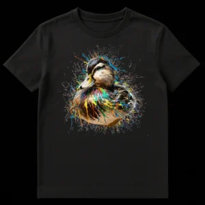 Mallard duck with colorful paint splatters on a black t-shirt on Black t-shirt