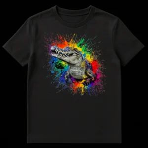 Vibrant alligator emerging from rainbow paint splatters on a black t-shirt design. Edgy, colorful, and powerful reptile art. on Black t-shirt