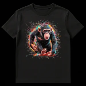 Vibrant Chimpanzee Wildlife Unisex T-Shirt with colorful splash art on Black t-shirt