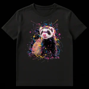 Vibrant splash art ferret t-shirt design with neon colors on a black background, perfect for ferret lovers. on Black t-shirt