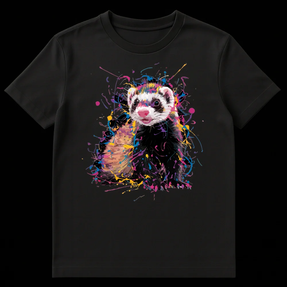 Vibrant splash art ferret t-shirt design with neon colors on a black background, perfect for ferret lovers. on Black t-shirt
