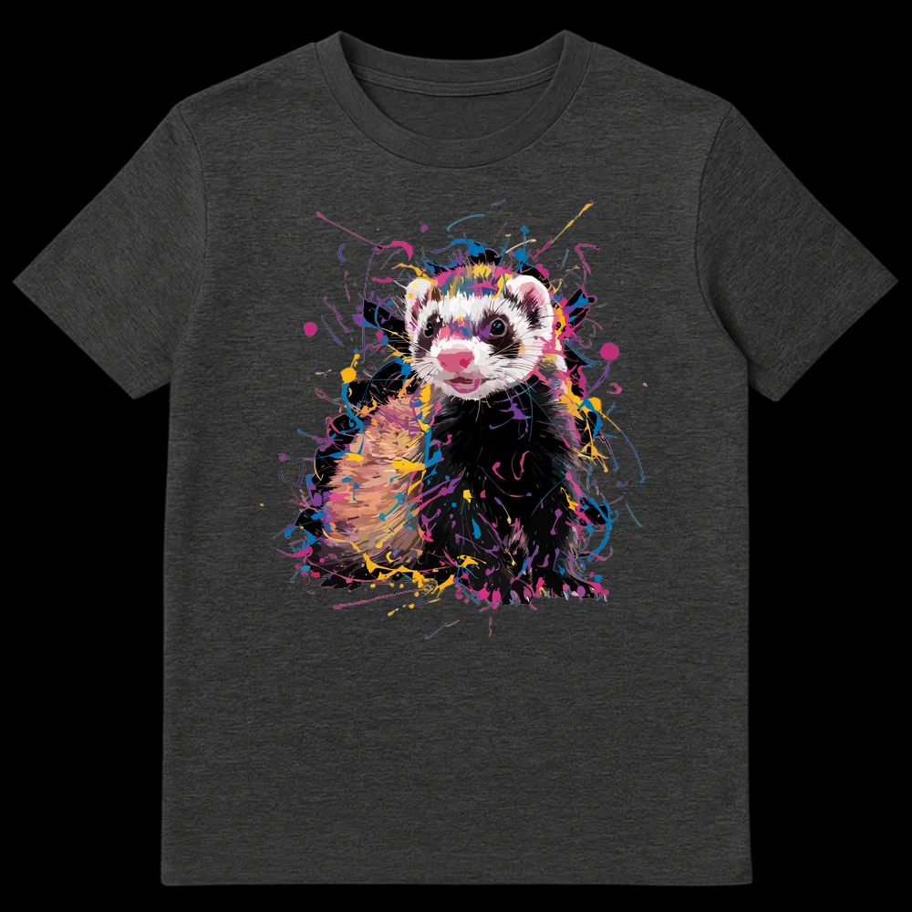 Vibrant splash art ferret t-shirt design with neon colors on a black background, perfect for ferret lovers. on Dark Heather t-shirt