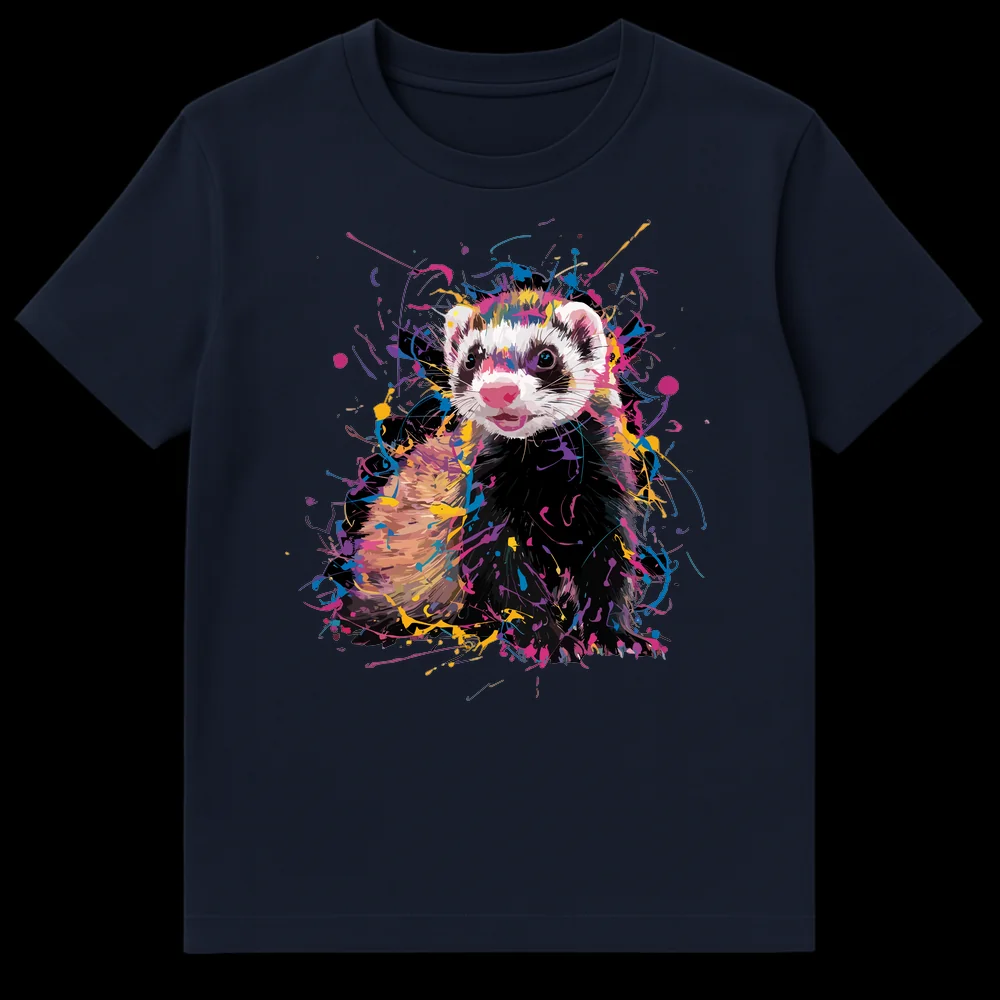 Vibrant splash art ferret t-shirt design with neon colors on a black background, perfect for ferret lovers. on Navy Blue t-shirt