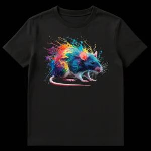 Vibrant t-shirt with a colorful paint splatter rat design on a black background, featuring rainbow colors. on Black t-shirt