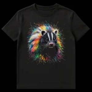 Vibrant Splatter Badger Art T-Shirt with an energetic neo-expressionist style badger portrait and colorful paint splatters on a black background. on Black t-shirt