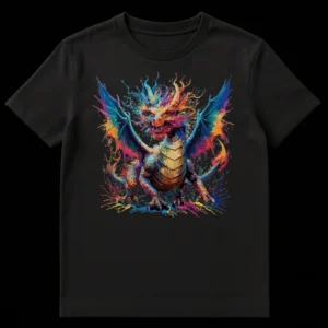 Vibrant splatter art dragon t-shirt design with a roaring mythical creature in blues, reds, pinks, and yellows on a black background on Black t-shirt