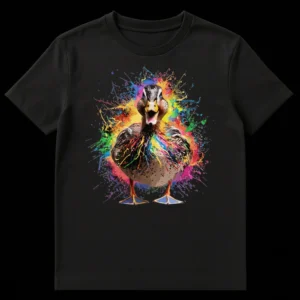 Colorful Paint Splatter Duck T-Shirt with a wide-open beak amid rainbow paint splatters on a black background on Black t-shirt