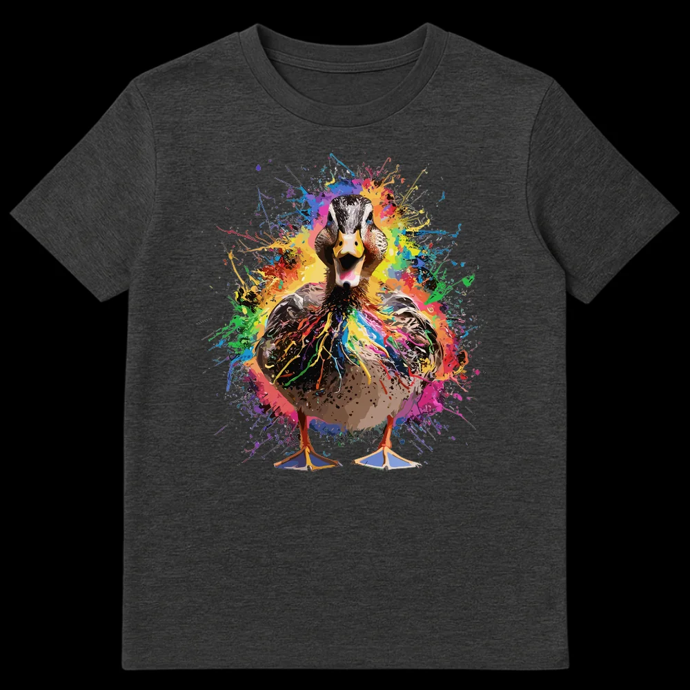 Colorful Paint Splatter Duck T-Shirt with a wide-open beak amid rainbow paint splatters on a black background on Dark Heather t-shirt