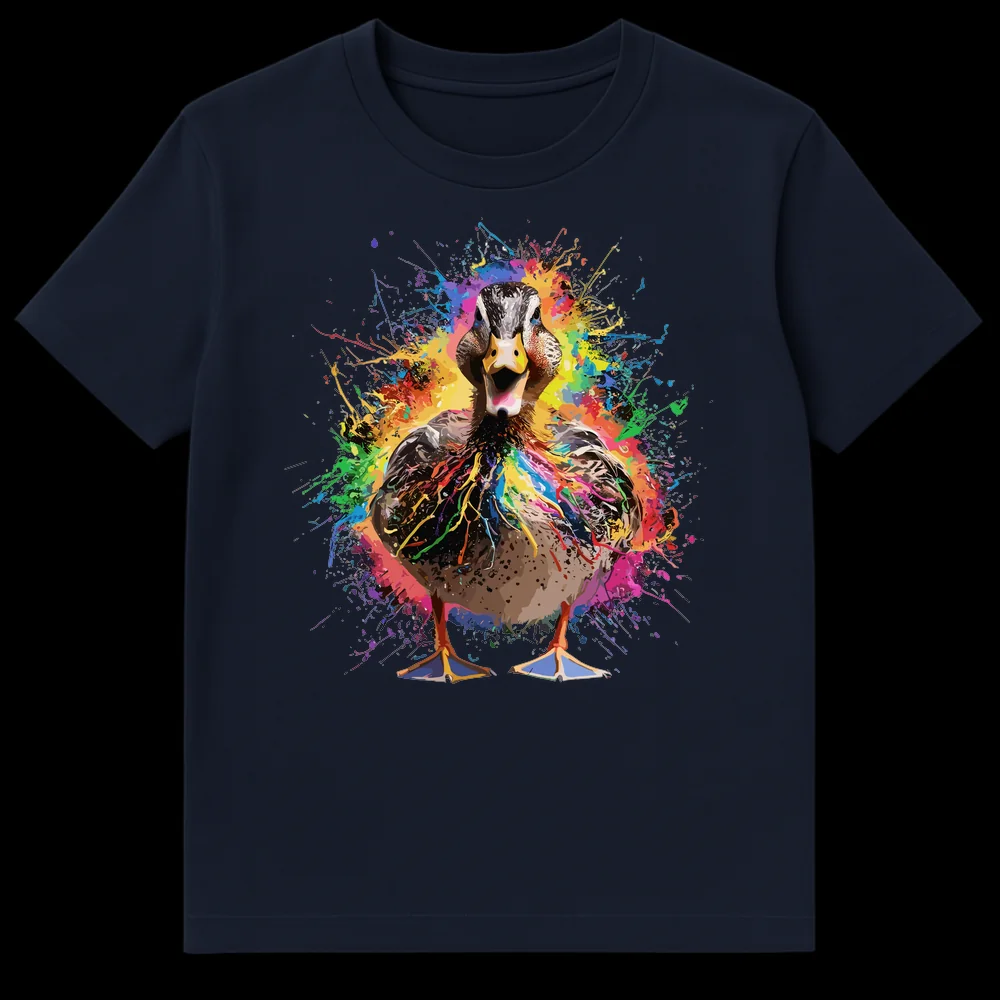 Colorful Paint Splatter Duck T-Shirt with a wide-open beak amid rainbow paint splatters on a black background on Navy Blue t-shirt