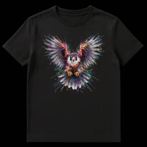 Abstract Falcon Art T-Shirt featuring a majestic peregrine falcon rendered in dynamic, colorful paint splatters against a black background. on Black t-shirt