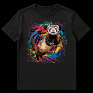 Playful ferret t-shirt with colorful paint splatters on a black background on Black t-shirt