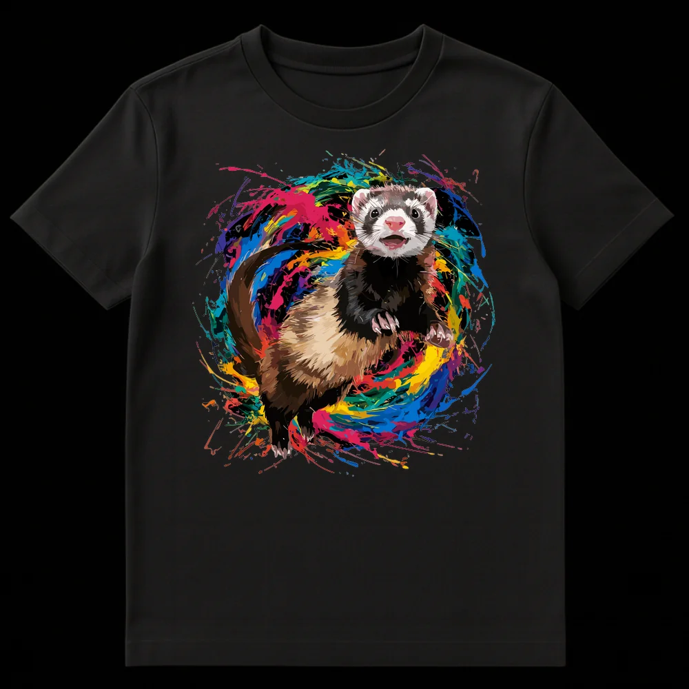 Playful ferret t-shirt with colorful paint splatters on a black background on Black t-shirt