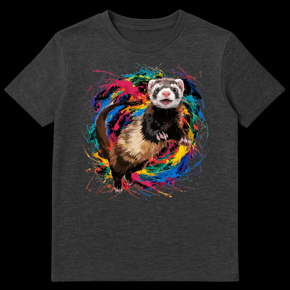 Playful ferret t-shirt with colorful paint splatters on a black background on Dark Heather t-shirt
