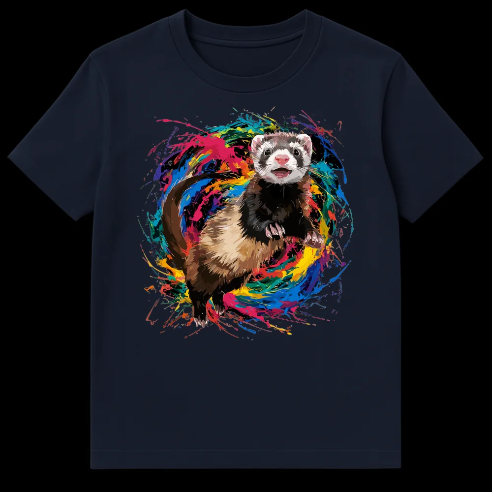 Playful ferret t-shirt with colorful paint splatters on a black background on Navy Blue t-shirt