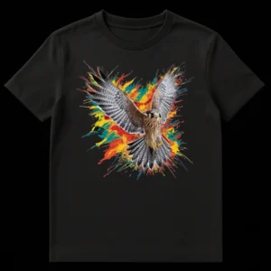 Realistic flying falcon with wings outstretched surrounded by vibrant, colorful paint splatters on a black t-shirt. on Black t-shirt