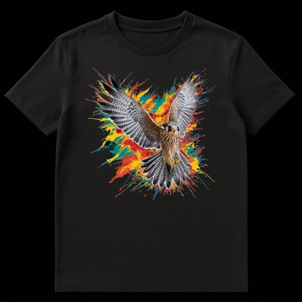 Realistic flying falcon with wings outstretched surrounded by vibrant, colorful paint splatters on a black t-shirt. on Black t-shirt