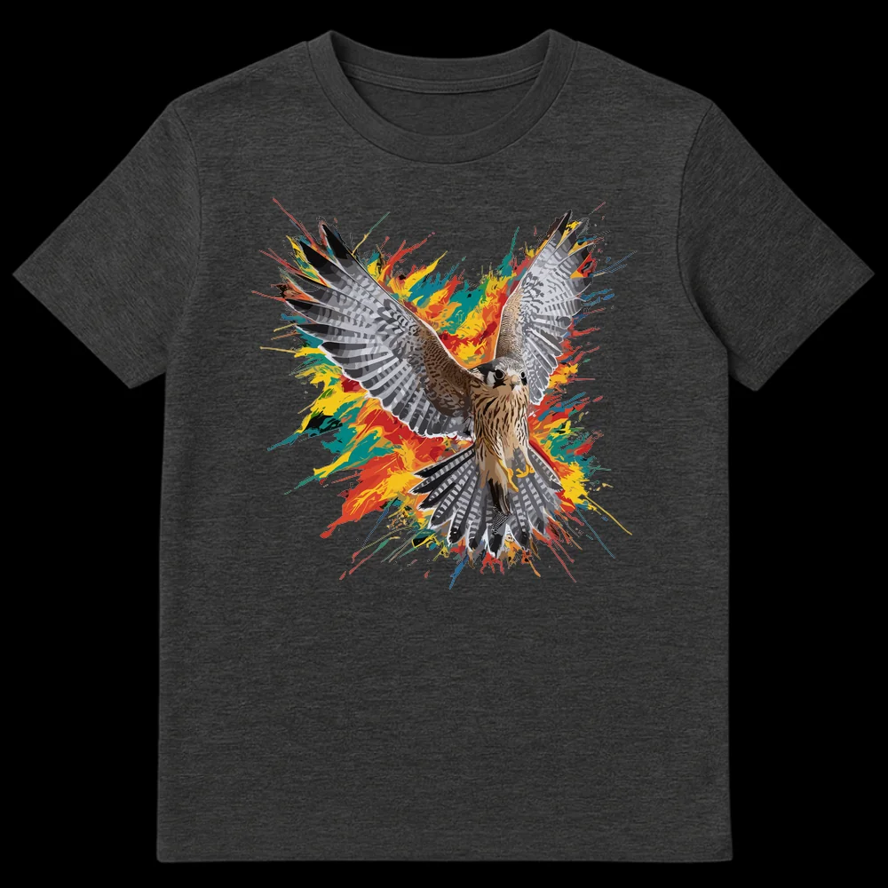 Realistic flying falcon with wings outstretched surrounded by vibrant, colorful paint splatters on a black t-shirt. on Dark Heather t-shirt