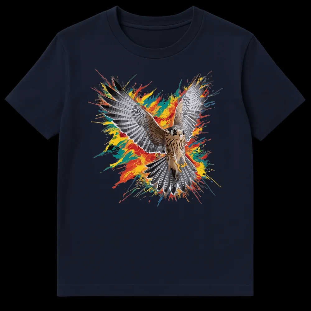 Realistic flying falcon with wings outstretched surrounded by vibrant, colorful paint splatters on a black t-shirt. on Navy Blue t-shirt