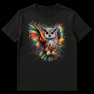 Vibrant Abstract Expressionist Splash Art Owl T-Shirt Design on Black t-shirt
