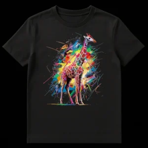 Vibrant Splash Art Giraffe T-Shirt, colorful abstract animal design on black background on Black t-shirt