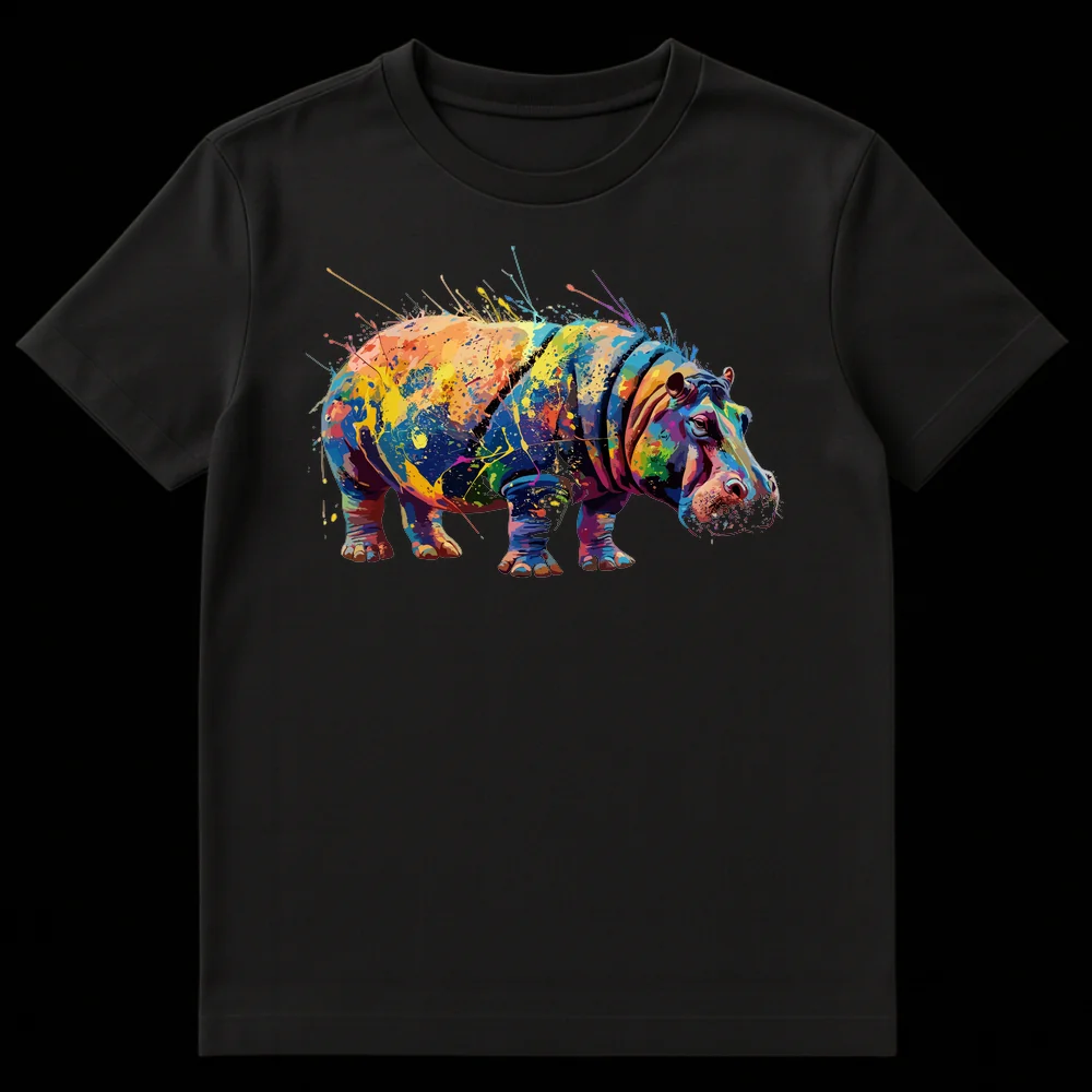 Vibrant splatter paint hippopotamus art on a black t-shirt, featuring a colorful hippo illustration with blue, orange, purple, and green splashes. on Black t-shirt