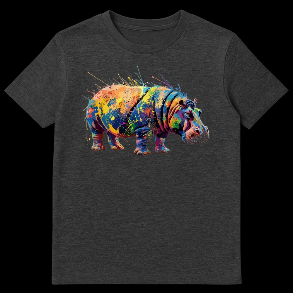 Vibrant splatter paint hippopotamus art on a black t-shirt, featuring a colorful hippo illustration with blue, orange, purple, and green splashes. on Dark Heather t-shirt