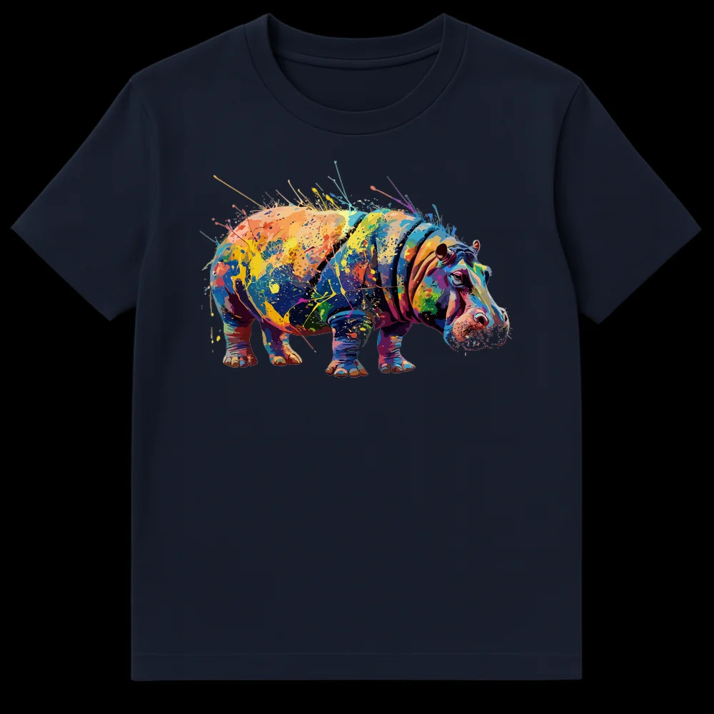 Vibrant splatter paint hippopotamus art on a black t-shirt, featuring a colorful hippo illustration with blue, orange, purple, and green splashes. on Navy Blue t-shirt