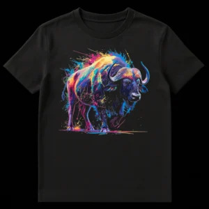 Vibrant abstract paint splatter Cape Buffalo t-shirt design on a black background, featuring electric blues, pinks, yellows, and purples. on Black t-shirt