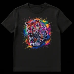 Vibrant Pop Art Jaguar T-shirt with multi-color paint splatters, dynamic wild animal design on Black t-shirt