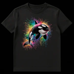 Vibrant t-shirt design featuring a smiling orca surrounded by rainbow paint splatters, with a magenta pink eye on Black t-shirt