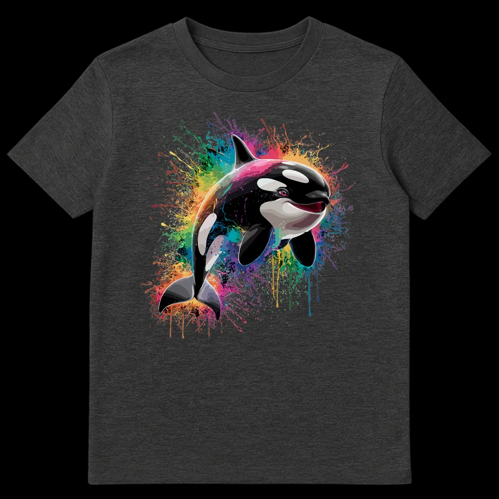 Vibrant t-shirt design featuring a smiling orca surrounded by rainbow paint splatters, with a magenta pink eye on Dark Heather t-shirt