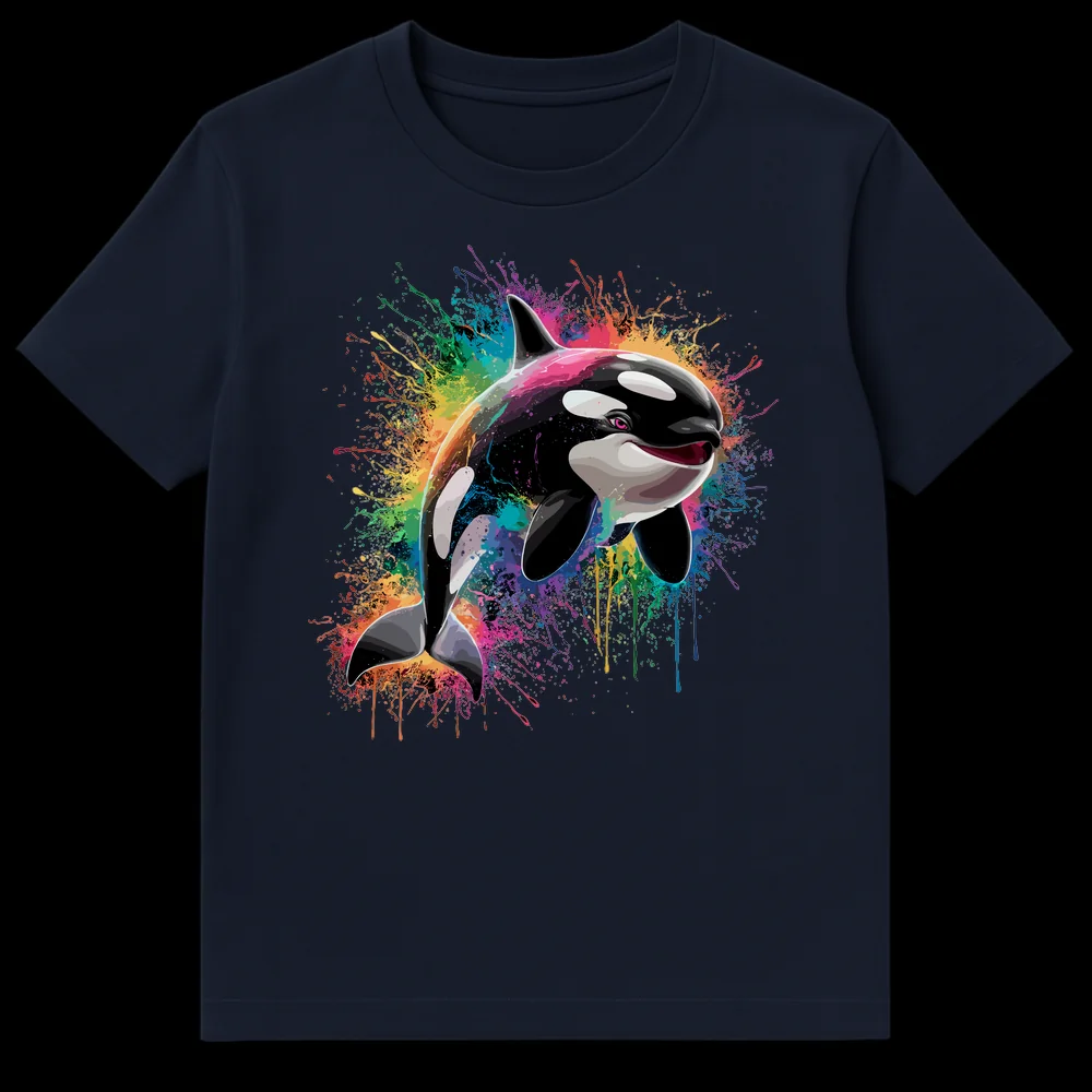 Vibrant t-shirt design featuring a smiling orca surrounded by rainbow paint splatters, with a magenta pink eye on Navy Blue t-shirt