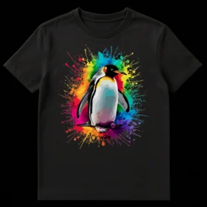 Vibrant King Penguin T-Shirt with colorful rainbow paint splatters on a black background on Black t-shirt