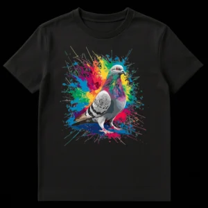 Vibrant Pigeon Splash Art T-Shirt with a colorful pigeon design and paint splatters on a black background. on Black t-shirt