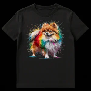 Vibrant Rainbow Pomeranian T-Shirt with expressive paint splatter art of a Pomeranian dog in full color against a black background. on Black t-shirt