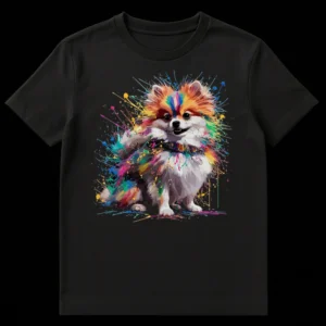 Pomeranian dog t-shirt with 'Paw-some!' text and colorful paint splatters on Black t-shirt