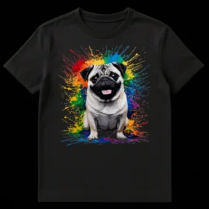 Happy fawn pug dog sitting amidst a vibrant rainbow paint splatter explosion on a black t-shirt on Black t-shirt