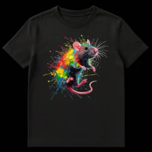Vibrant rainbow splatter art t-shirt featuring a detailed pet rat surrounded by colorful paint splashes on a black background. on Black t-shirt