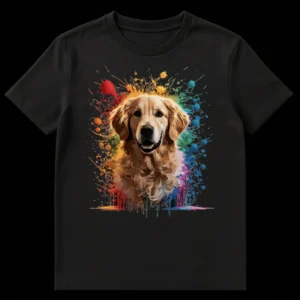 Golden Retriever t-shirt with a colorful rainbow paint splatter design on a black background, perfect for dog lovers. on Black t-shirt