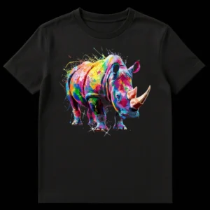Vibrant paint splash rhinoceros t-shirt on a black background, featuring a colorful rhino in abstract pop art style with bright fuchsia, blue, green, and yellow. on Black t-shirt