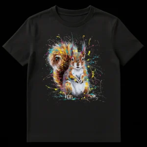 Vibrant splatter art squirrel t-shirt featuring an energetic, colorful squirrel portrait against a black background with a 'T-Dagy' signature. on Black t-shirt