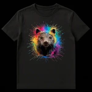 Cute wombat with rainbow paint splatters on a black t-shirt on Black t-shirt
