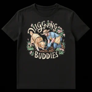 Man and Golden Retriever dog gardening together, surrounded by flowers, with 'DIGGING BUDDIES' text on a black t-shirt. on Black t-shirt