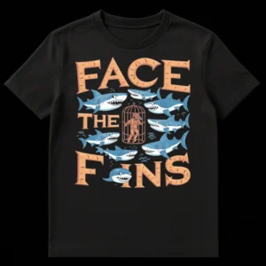 Humorous 'FACE THE FINS' t-shirt featuring a retro cartoon diver in a shark cage surrounded by friendly sharks, in an orange and blue color palette. on Black t-shirt