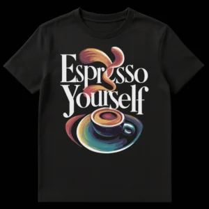 Espresso Yourself Coffee Lover Pun T-shirt with stylized colorful coffee cup and swirling steam on Black t-shirt